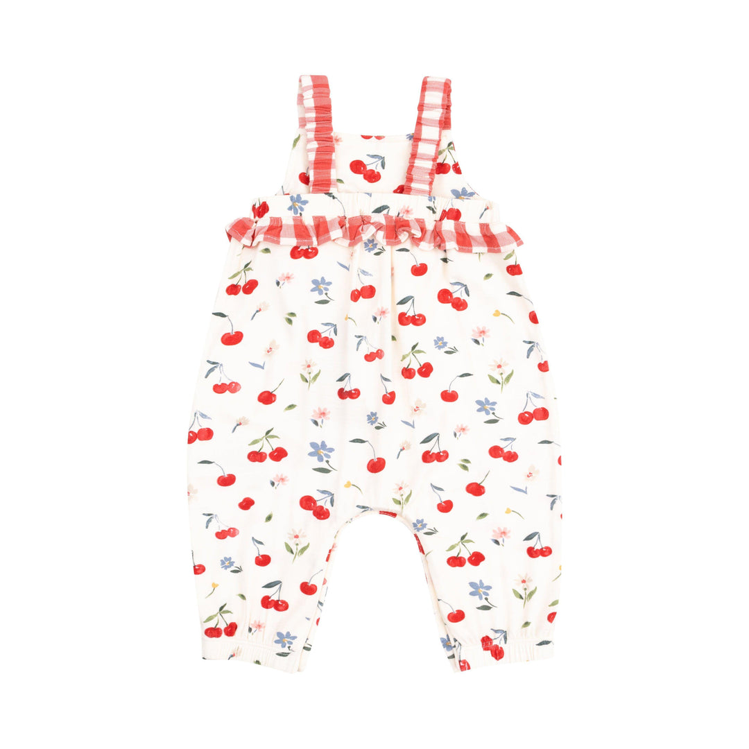 back of baby girl romper with red and white gingham straps and watercolor cherries all over the romper. 