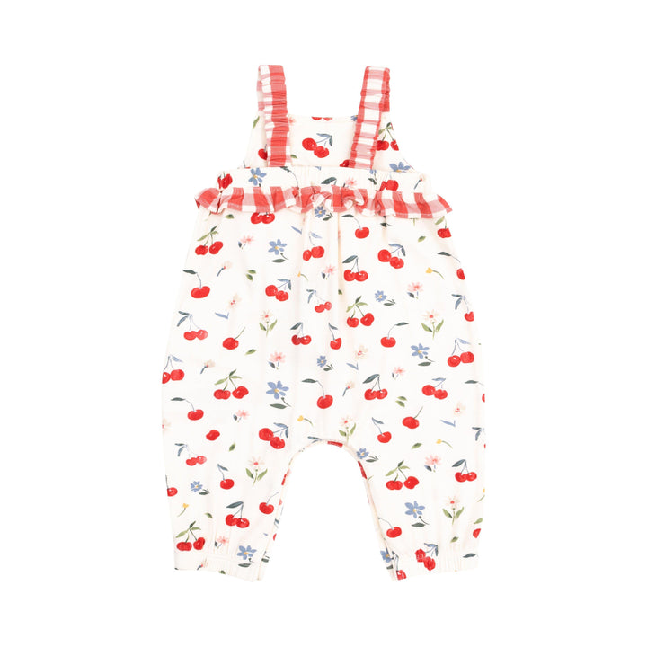 back of baby girl romper with red and white gingham straps and watercolor cherries all over the romper. 