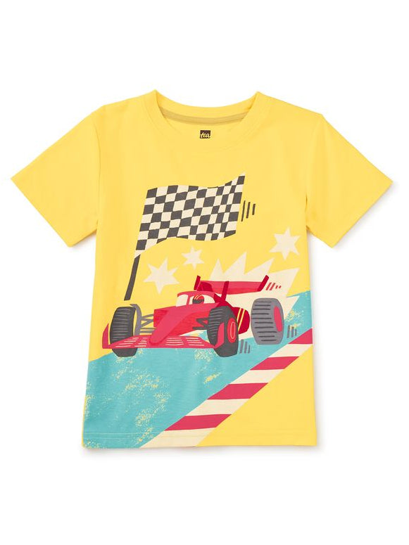Yellow t-shirt with a race car and checkered flag design on a white background