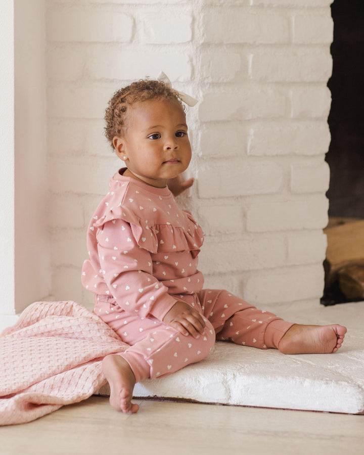 this picture shows a baby modeling the sweatsuit sitting down should the top is long sleeves and the bottoms are full length. 