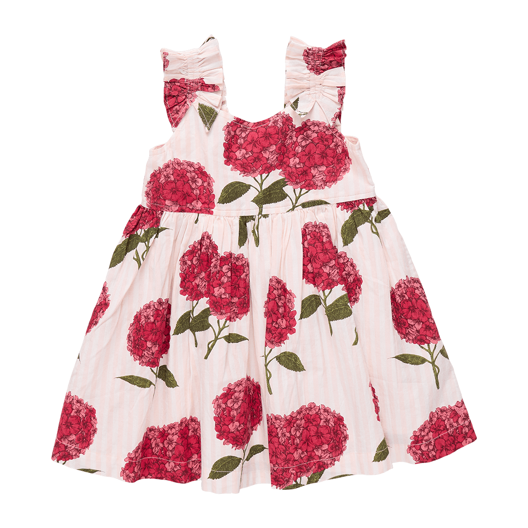 sleevelss girls dress with ruched sleeves, pink and white striped base with deep pink hydrengea print on the dress. empire waist and slight v-neck 