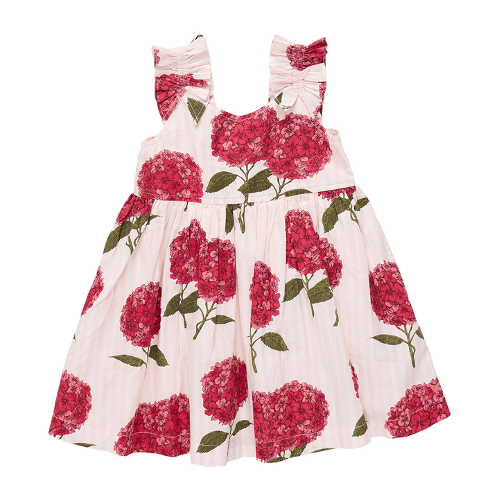 sleevelss girls dress with ruched sleeves, pink and white striped base with deep pink hydrengea print on the dress. empire waist and slight v-neck 
