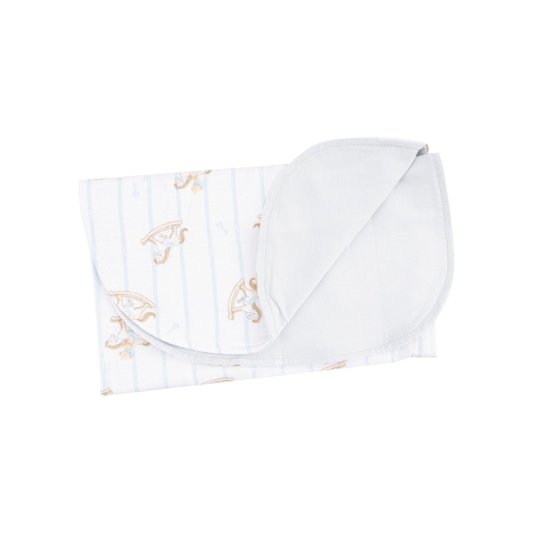 baby burp cloth with gray backing and rocking horses and blue pinstripes