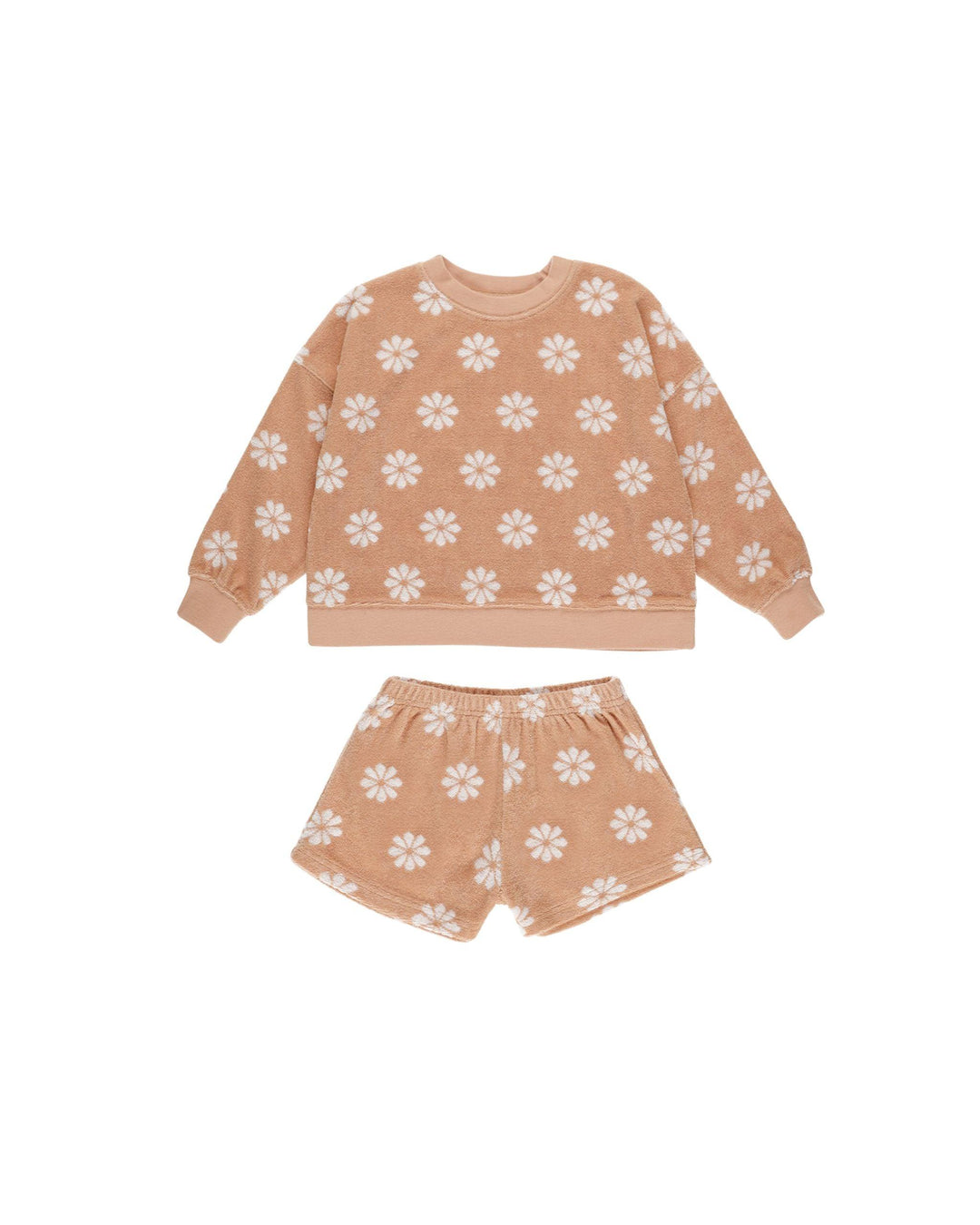 terracotta terry cloth set long seelve top and shorts. beige daisies all over the top and shorts. 