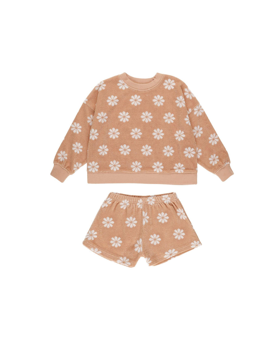 terracotta terry cloth set long seelve top and shorts. beige daisies all over the top and shorts. 