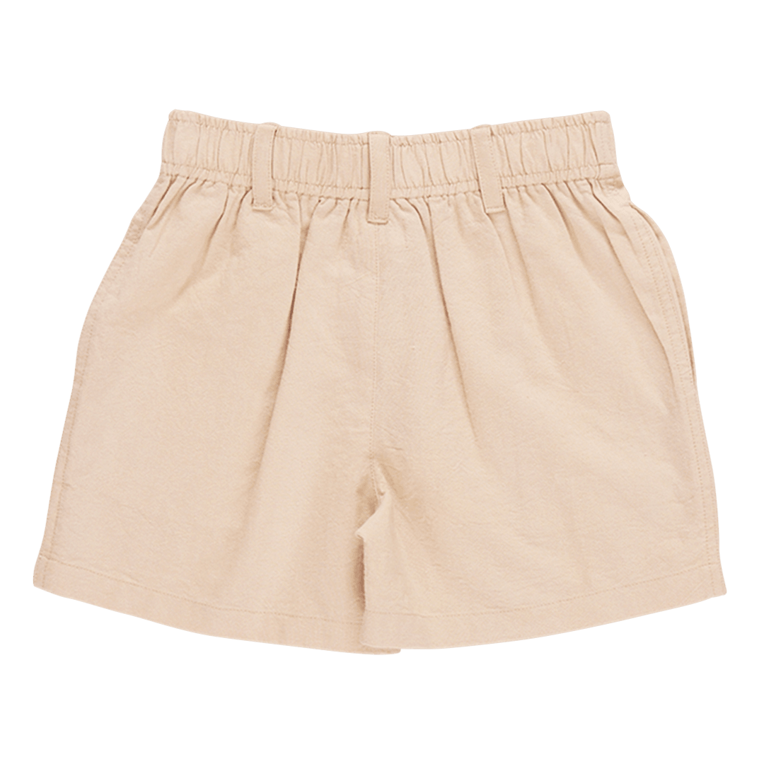 the view of the back of the khaki shorts with 3 belt loops on the waist. 