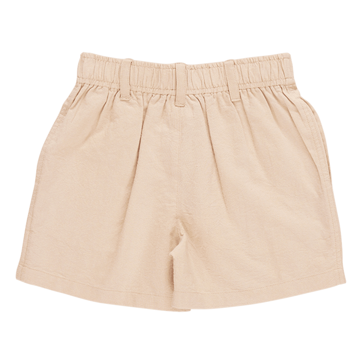 the view of the back of the khaki shorts with 3 belt loops on the waist. 