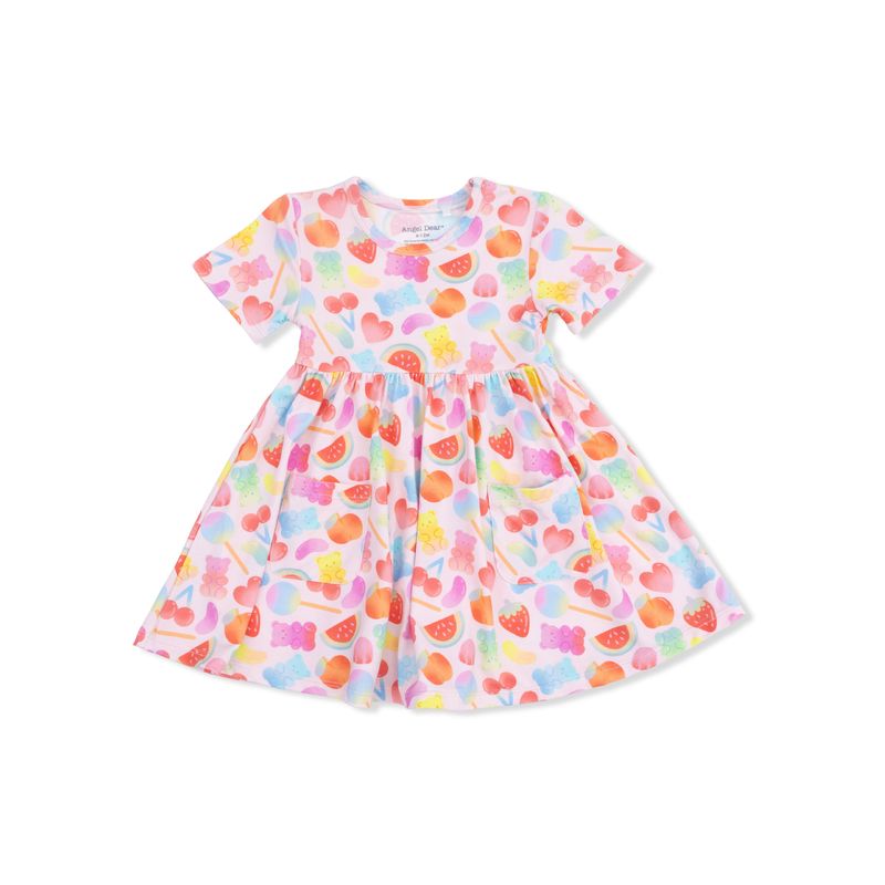 Colorful dress with heart and watermelon gummy bears pattern on a white background