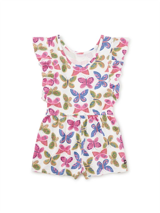 Back of a Children's  romper with colorful butterfly pattern on a white background
