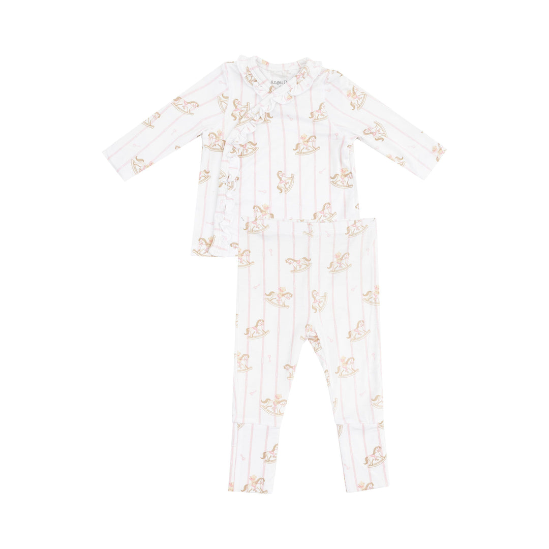baby girl take home set with white base and pink pin stripes and rocking horse print on the set. ruffle along the seam where there are snaps for closure.