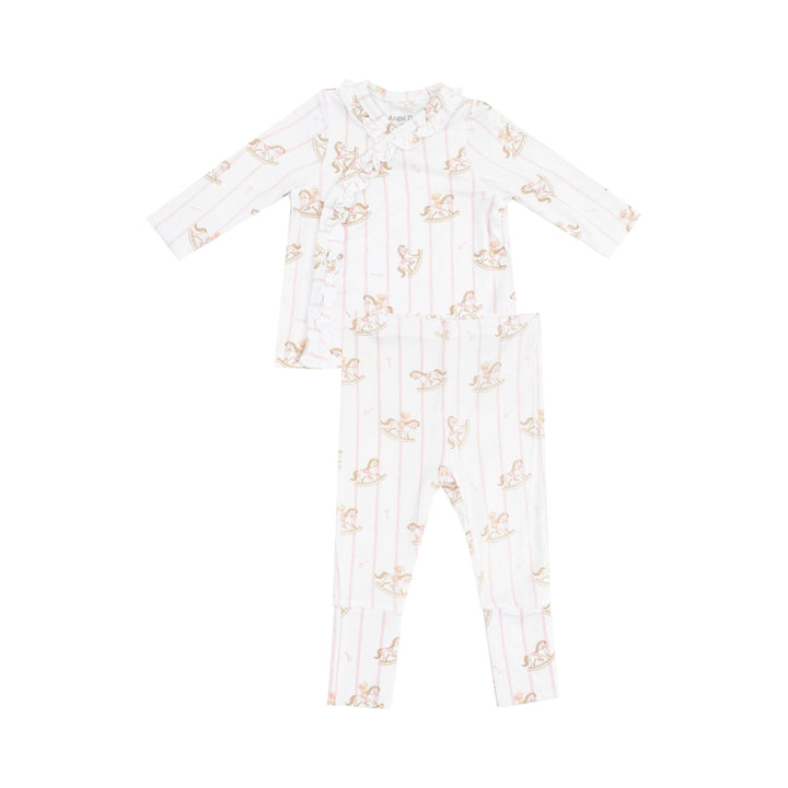baby girl take home set with white base and pink pin stripes and rocking horse print on the set. ruffle along the seam where there are snaps for closure.