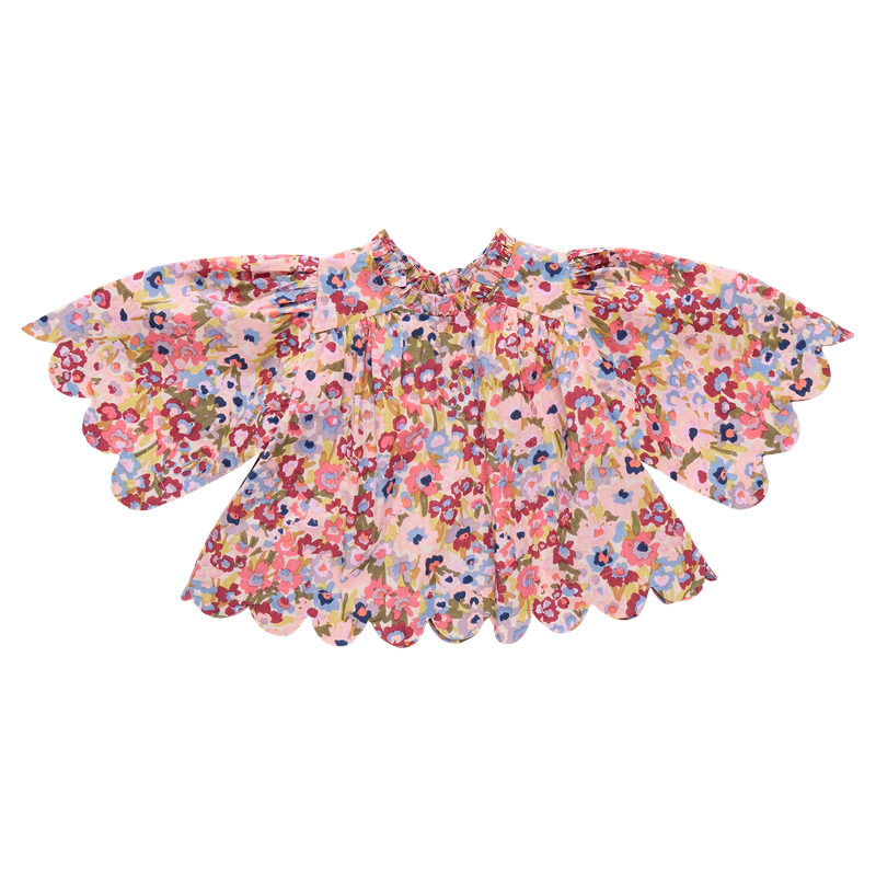 Floral blouse with ruffled sleeves on a white background