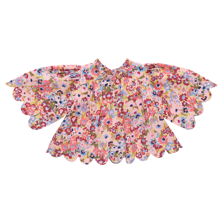 Floral blouse with ruffled sleeves on a white background