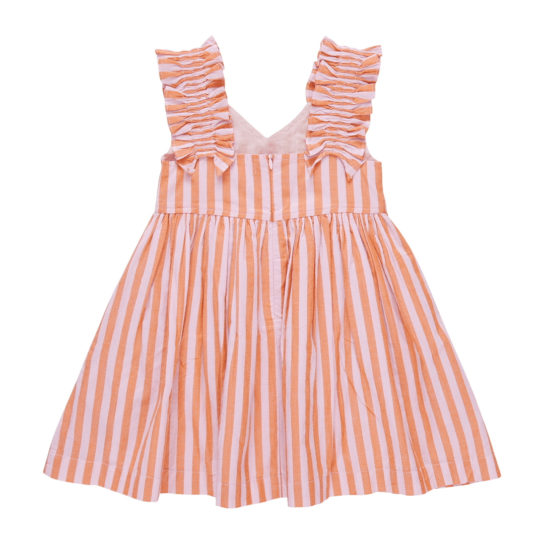 back of dress, pink and orange stripes and zipper closure. 