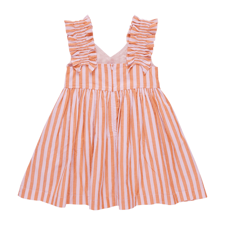 back of dress, pink and orange stripes and zipper closure. 