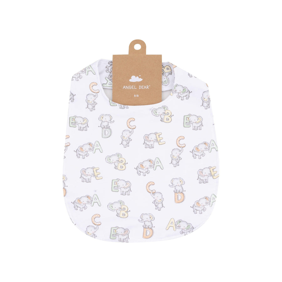 white bib with cartoon elephants on it and the ABC's