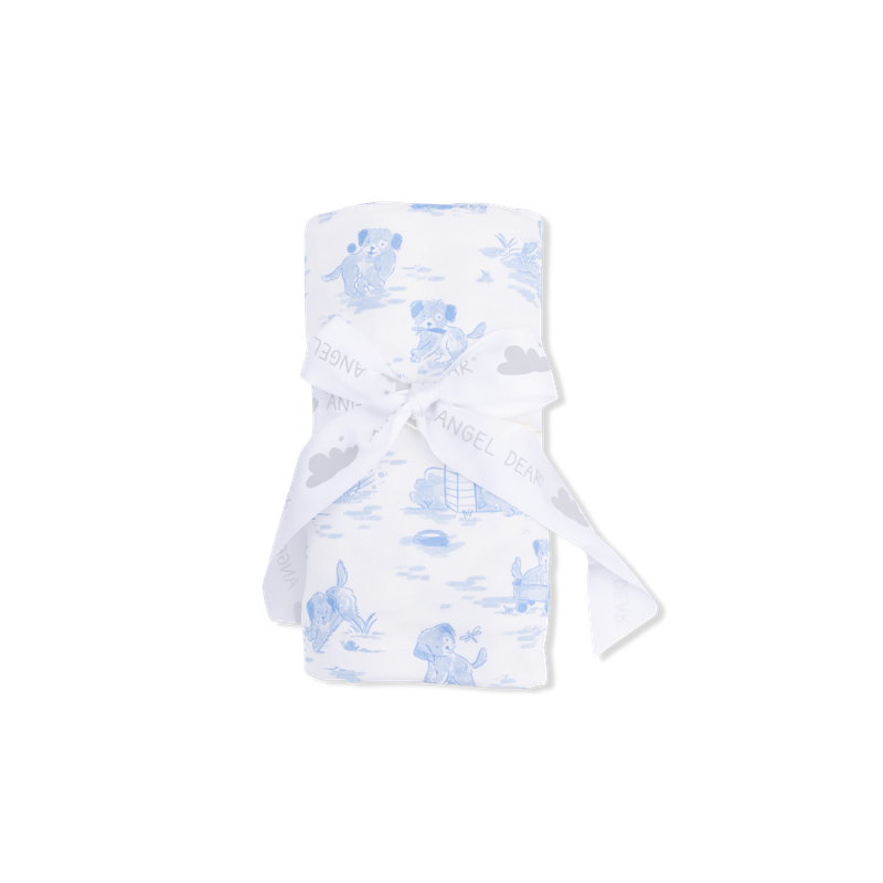 Baby blanket with blue animal pattern on a white background