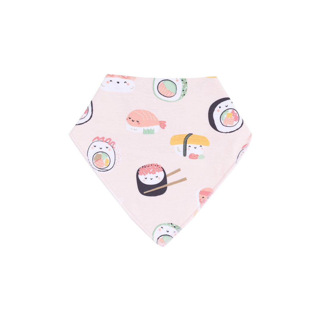 hankerchief bib in pink with sushi printed on it. 