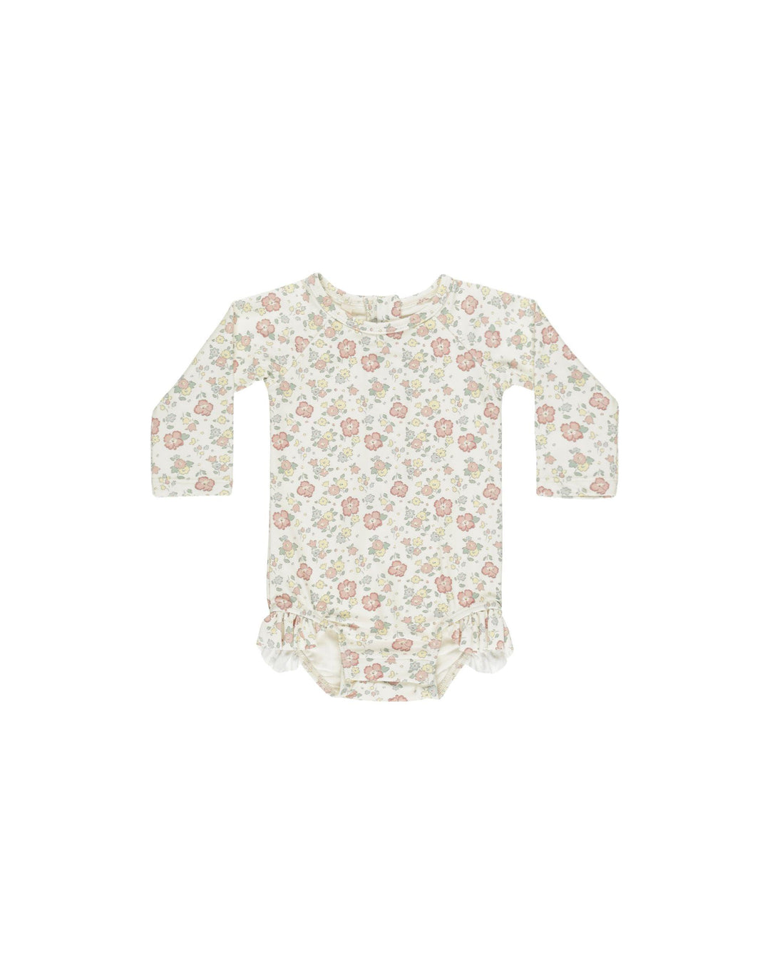 baby girl rashguard bathing suit, long sleeve in pastel floral print. tiny ruffle at the leg opening. 