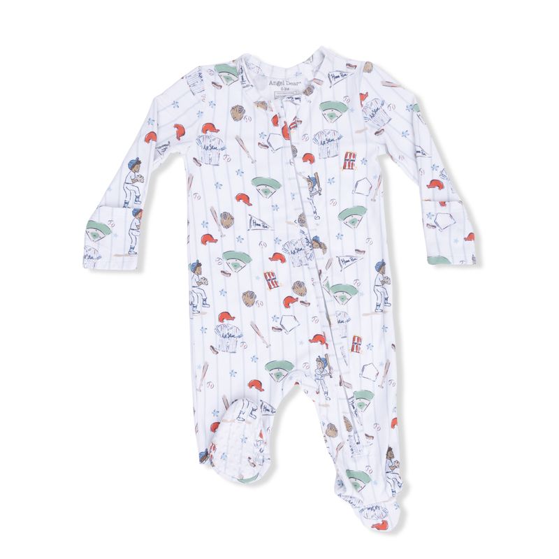Baby onesie with baseball sports-themed print on a white background