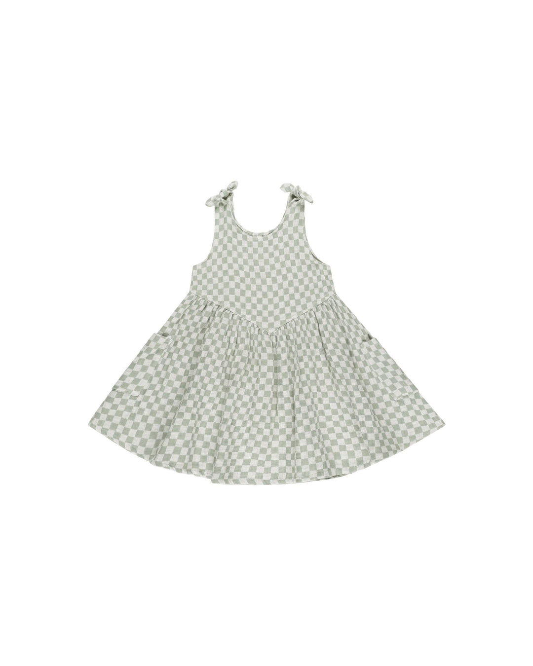 sage green anc beige check summer dress. knots at the top of the sleeves and full looking skirt. 