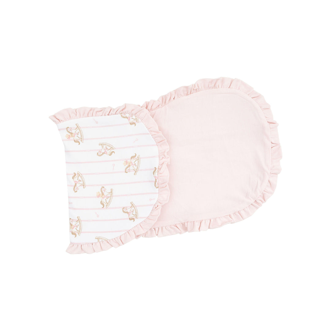 burp cloth with pink underlay and pink ruffle trim. rocking horses  and pink pinstripes all over the top. 