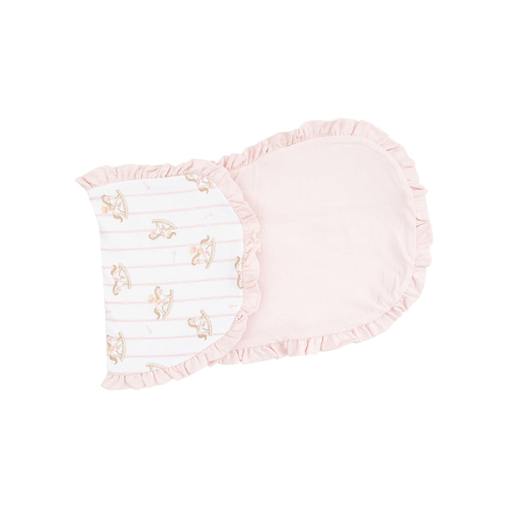 burp cloth with pink underlay and pink ruffle trim. rocking horses  and pink pinstripes all over the top. 