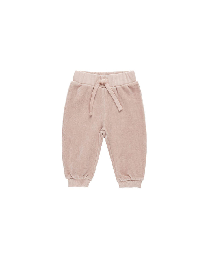 blush velour baby joggers with drawstring at the waist 