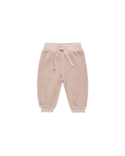 blush velour baby joggers with drawstring at the waist 