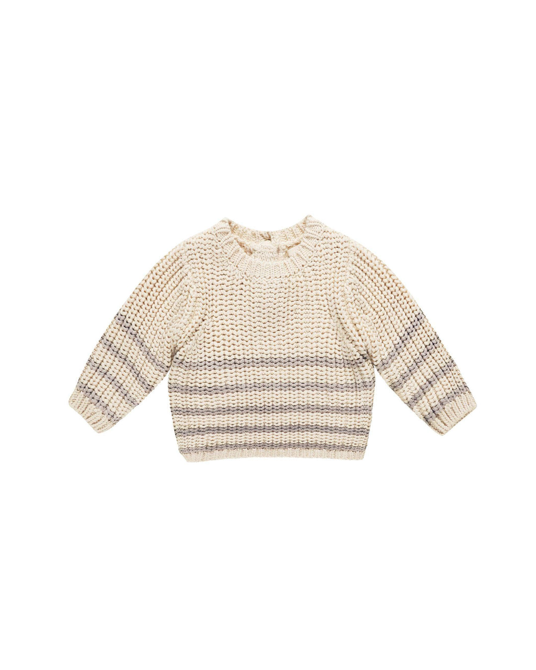 chunky knit beige sweater with gray stripes across the bottom