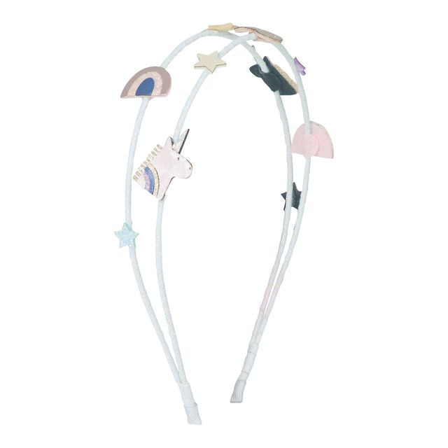 Decorative headband with rainbow, cloud, and star designs on a white background