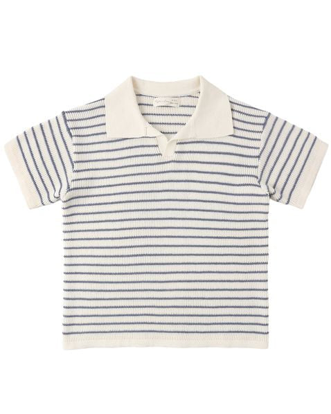 Striped knit polo shirt with white collar on a white background