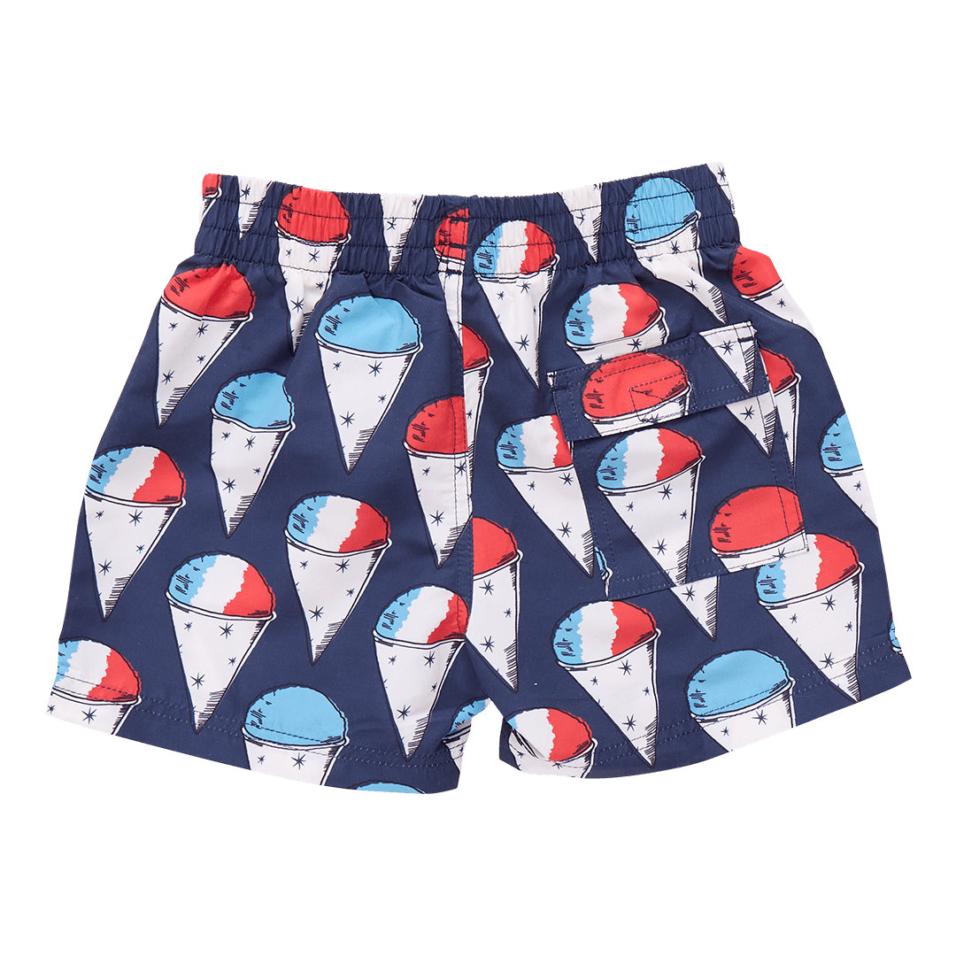 back pocket of the navy swim trunks with red, white and blue snow cones. elastic waist. 
