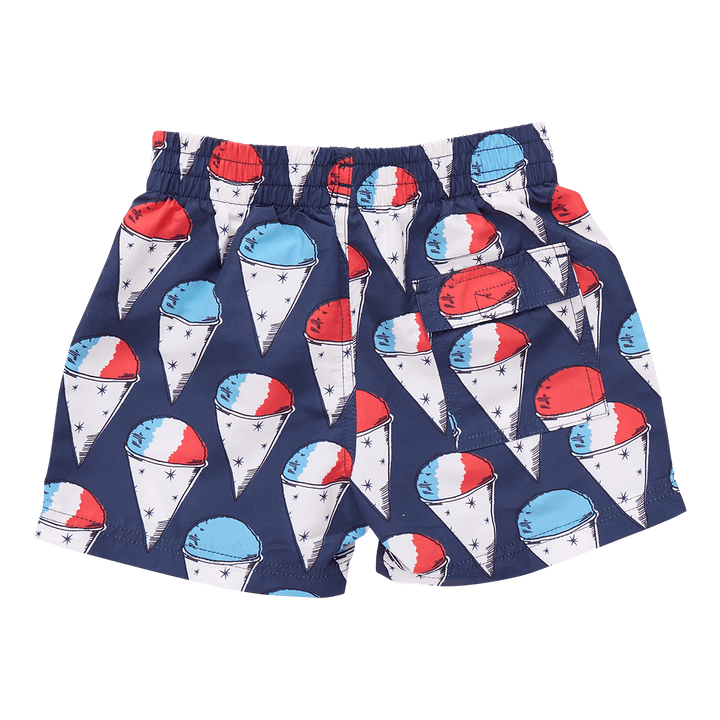 back pocket of the navy swim trunks with red, white and blue snow cones. elastic waist. 