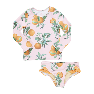 Baby Girl Swimwear | Rash Guard Set- Pink Botanical Oranges| Pink Chicken