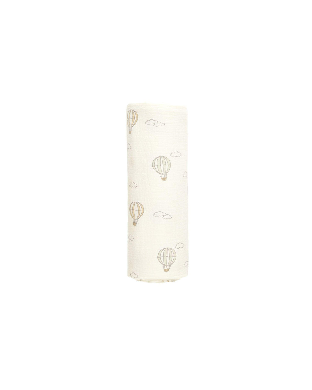 baby swaddle with pastel colored hot air balloons all over the swaddle. 