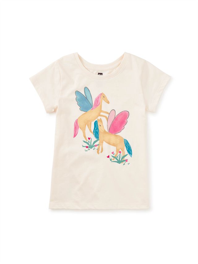 Beige t-shirt with a colorful unicorn design on a white background