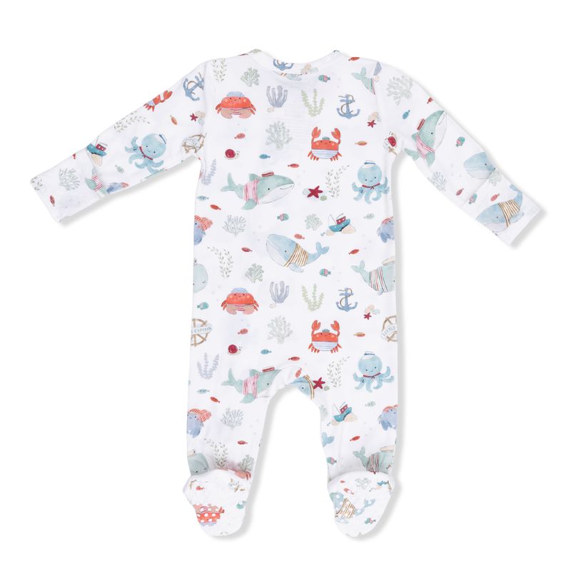 Back of Baby onesie with sea-themed print on a white background