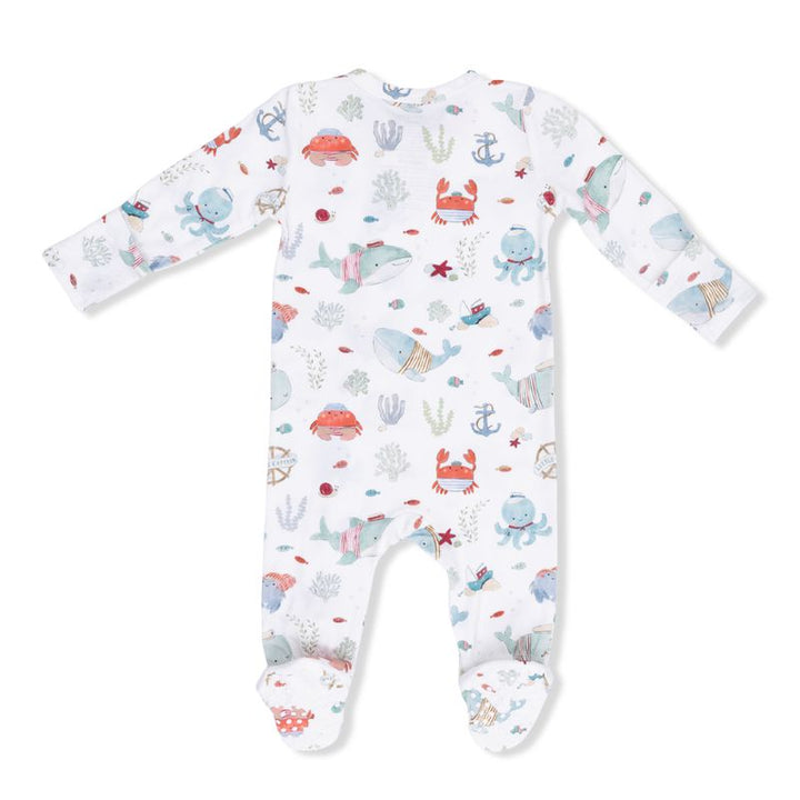Back of Baby onesie with sea-themed print on a white background