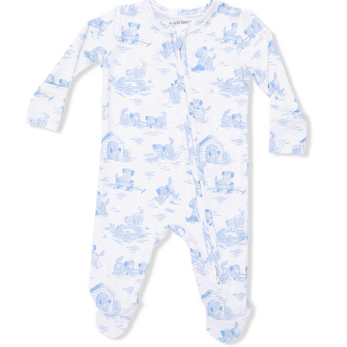 Baby onesie with blue puppy  pattern on a white background