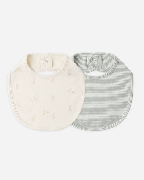 Two baby bibs, one white and one green sage stripe, on a white background