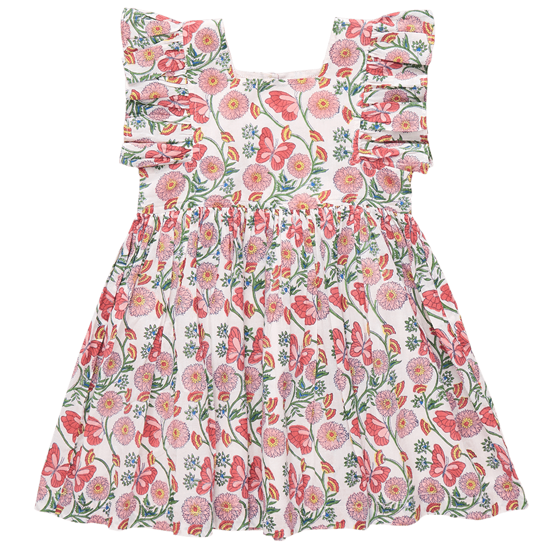 girls dress with pink floral design connected by green vines and pink and coral butterflies. 