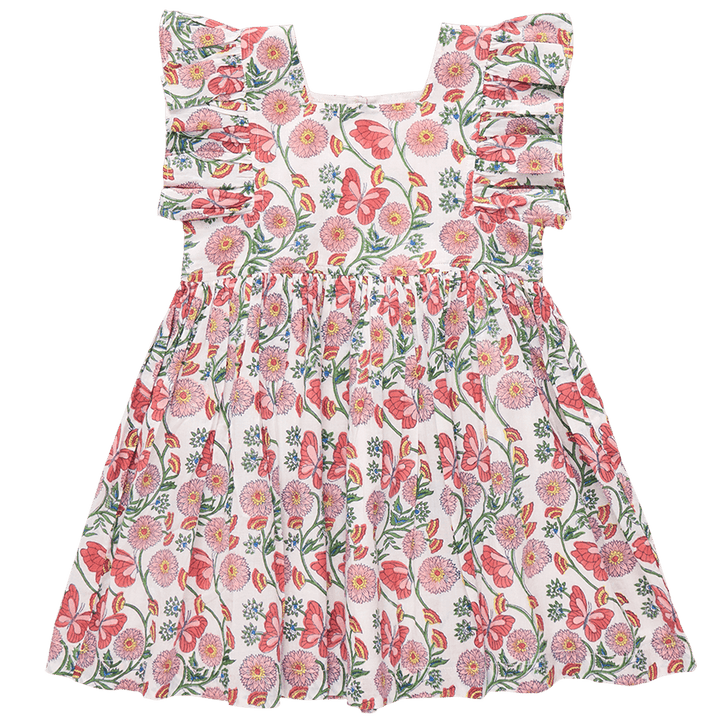 girls dress with pink floral design connected by green vines and pink and coral butterflies. 