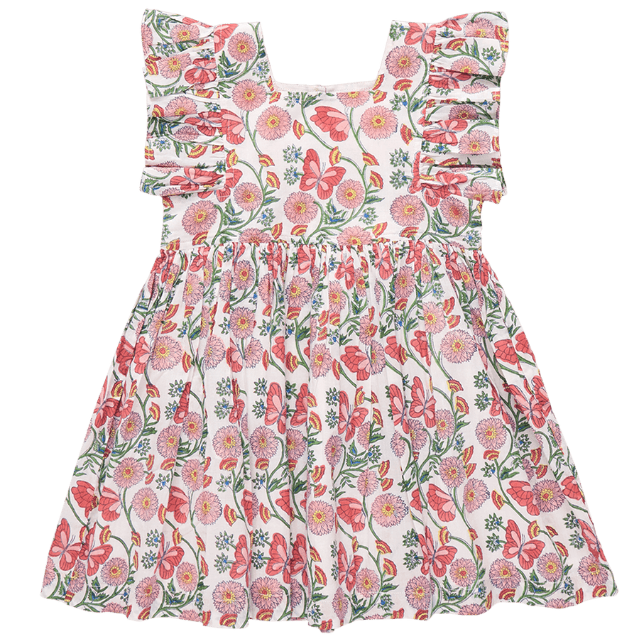 girls dress with pink floral design connected by green vines and pink and coral butterflies. 