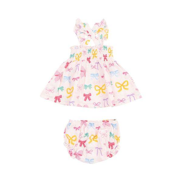 this picture shows the back of the dress with multi colored bows and smocking at the top. matching bloomer: color of bows: yellow, purple, pink and green. 