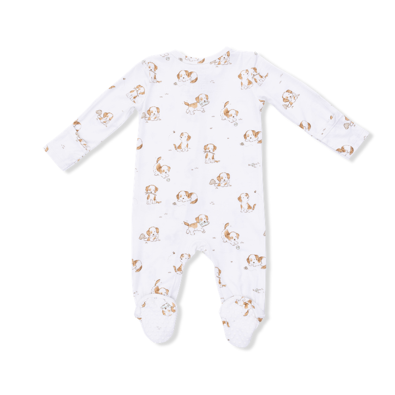 White baby onesie with gold animal pattern on a white background