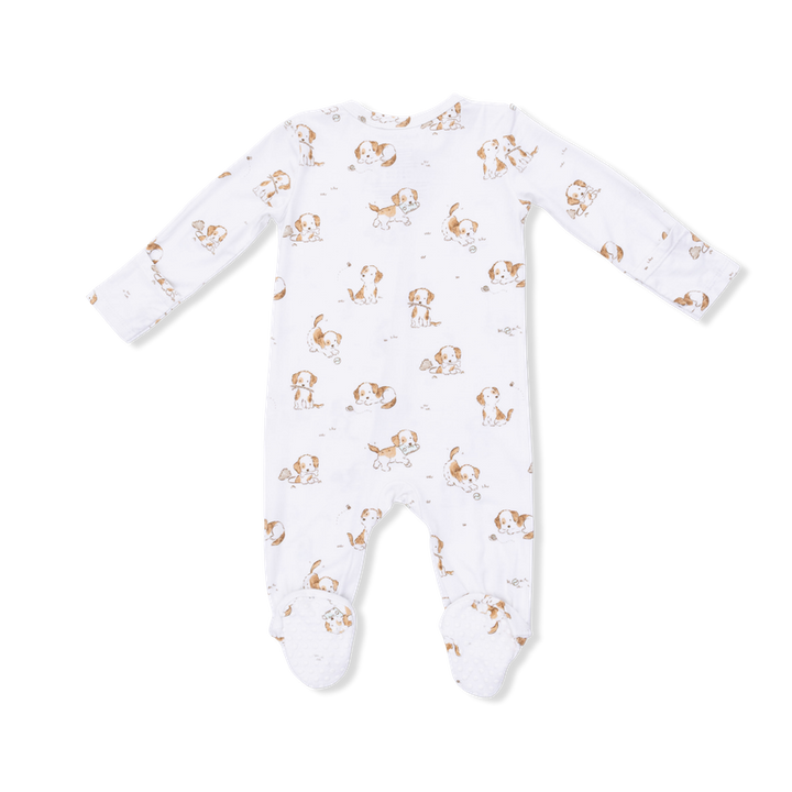 White baby onesie with gold animal pattern on a white background