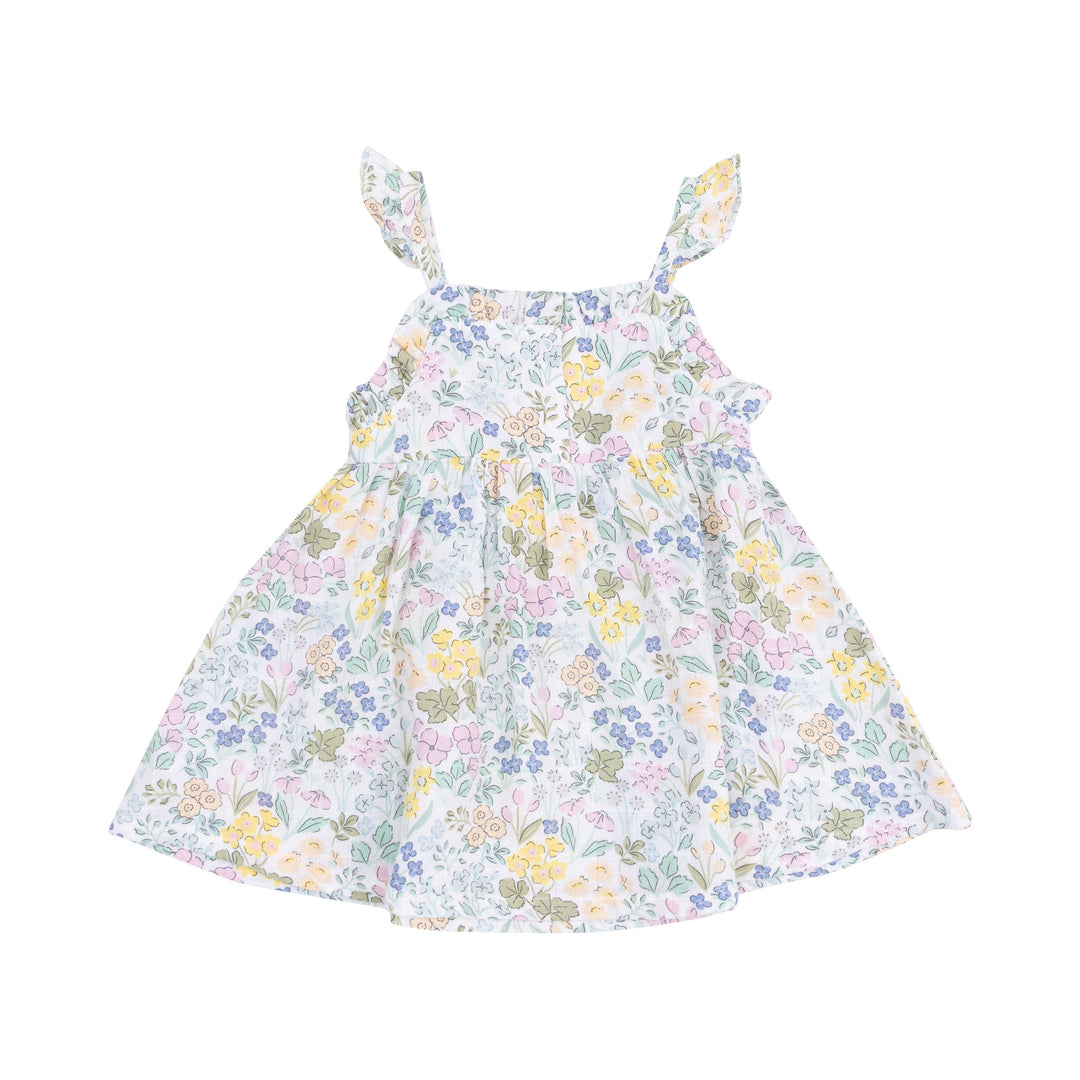 pastel floral dress with spaghetti straps. flowers are a pink, yellow, blue and green color. 