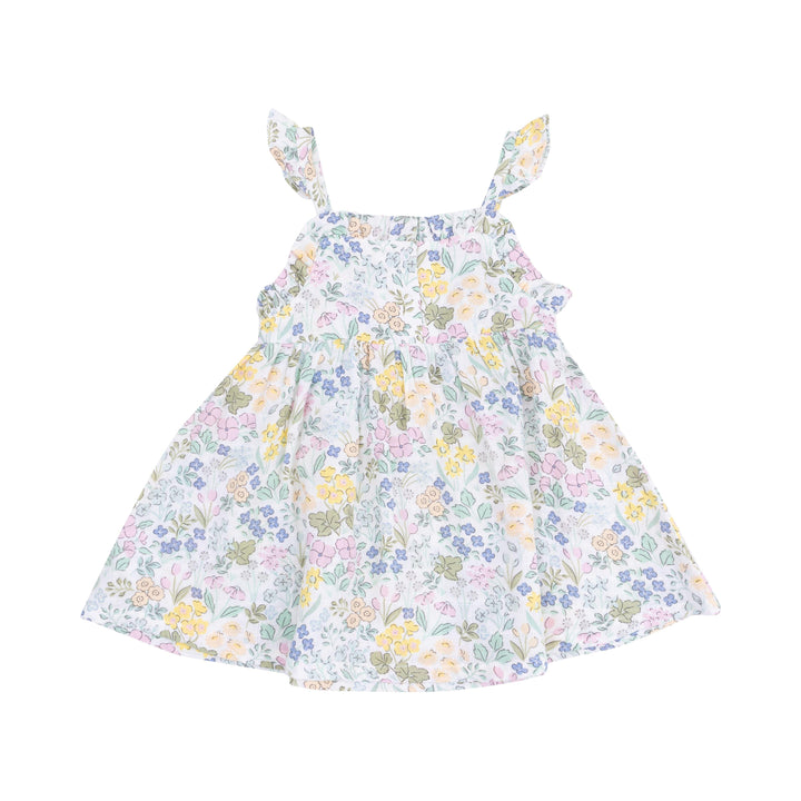 pastel floral dress with spaghetti straps. flowers are a pink, yellow, blue and green color. 