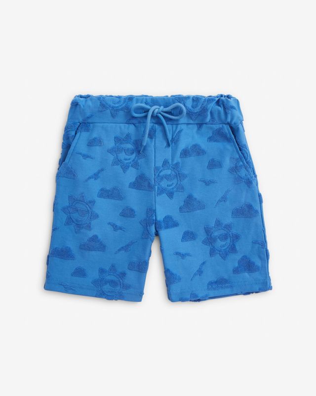 Blue shorts with cloud and sun pattern on a white background